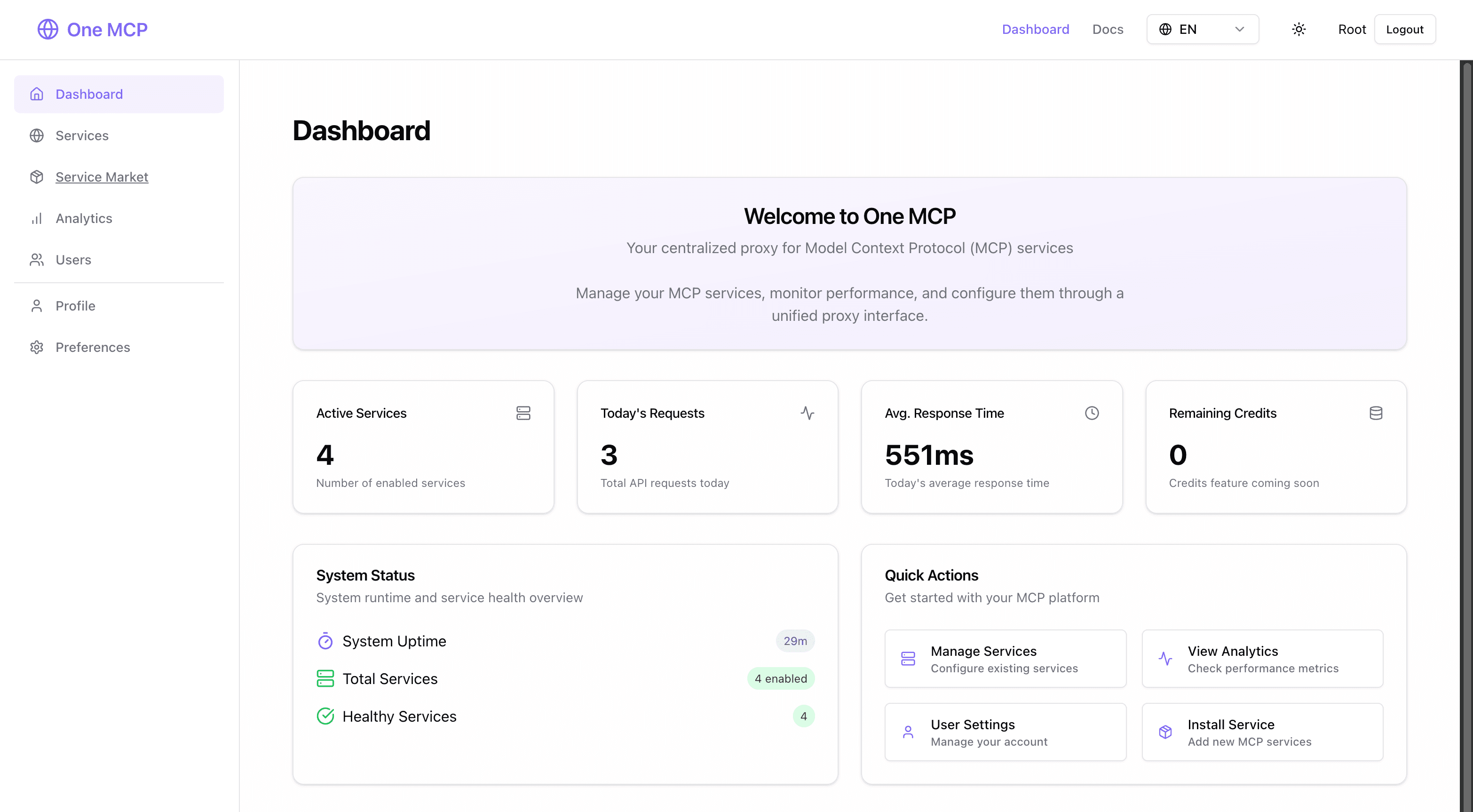 MCP Handle Status dashboard showing service health and analytics